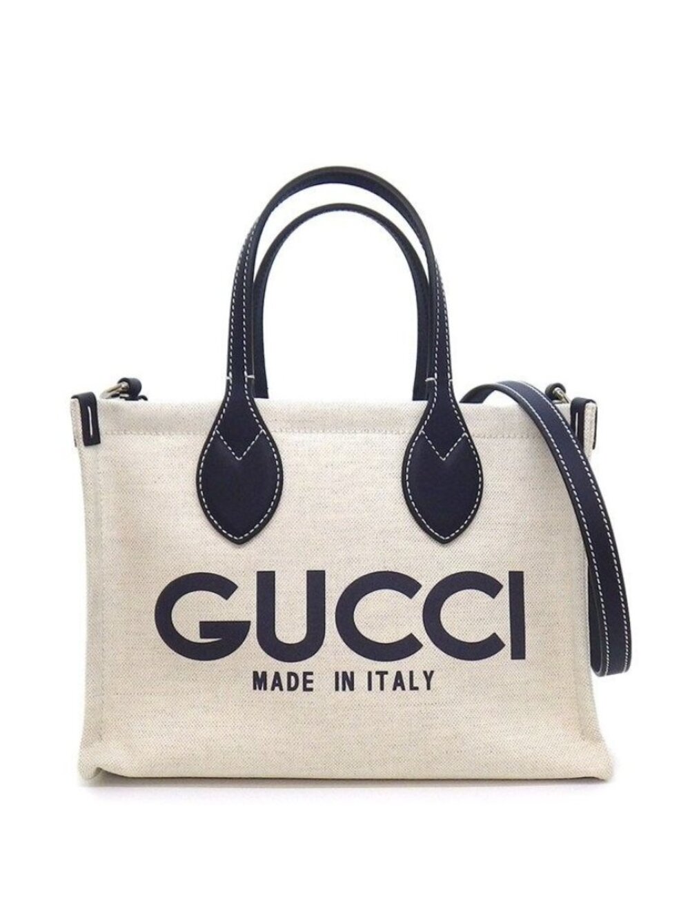 Gucci Handbag Print Small Tote Beige Cotton Linen Navy
